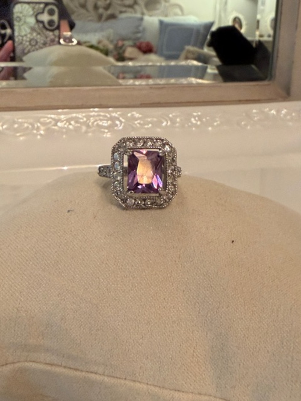 Sterling Silver Square Halo Ring with Purple Center Stone